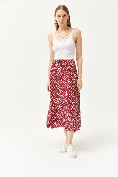 Olalook Women's Big Daisy Red Elastic Waist Patterned Long Skirt ETK-19000259