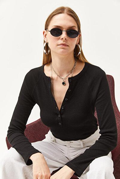 Olalook Bluză neagră cu mâneci raglan, cu nasturi, cu garnitură, pentru femei BLZ-19002556