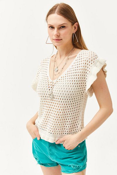 Olalook Women's Ecru Sleeve Ruffled V-Neck Casual Knitwear Blouse BLZ-19002549