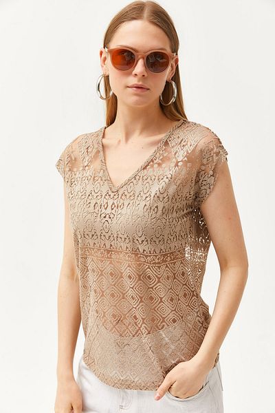 Olalook Γυναικεία διάφανη μπλούζα Mink V-Neck Devore BLZ-19002541