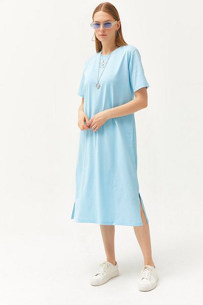 Olalook Γυναικείο Baby Blue Oversize Βαμβακερό φόρεμα με σκίσιμο στο πλάι ELB-19001880