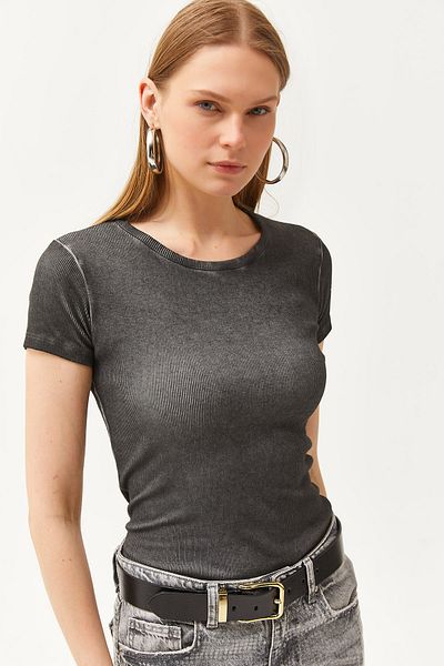 Olalook Γυναικεία Anthracite Crew λαιμόκοψη κοντό μανίκι βαμβακερή μπλούζα BLZ-19002559