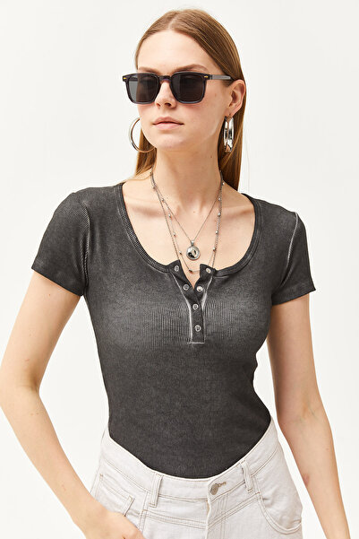 Olalook Women's Washed Anthracite Camisole Blouse with Snap Fasteners BLZ-19000171