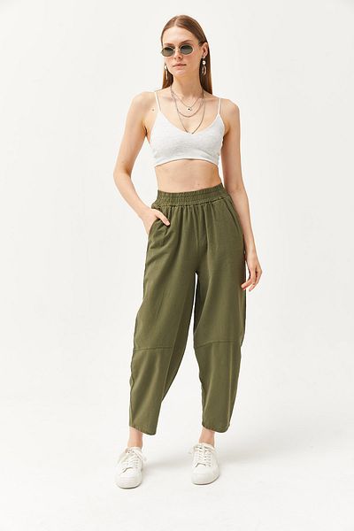 Olalook Pantaloni de damă kaki din gabardină cu buzunare elastică în talie PNT-19000267