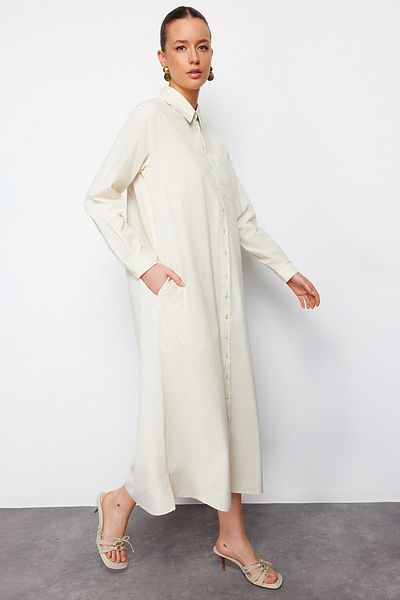 Trendyol Modest Beiges, geknöpftes, gewebtes Hemdkleid TCTSS24EB00137