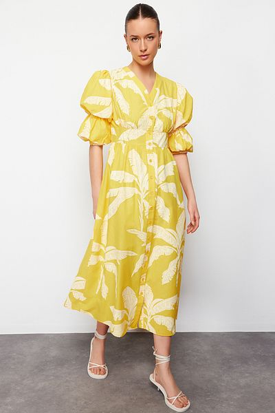 Trendyol Modest Жълта тъкана рокля с флорален принт Tctss24Eb00015
