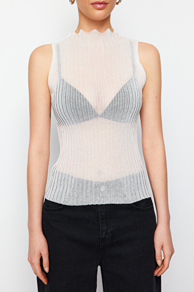 Trendyol Collection Πλεκτή μπλούζα εκρού διάφανη εμφάνιση TWOSS24BZ00231