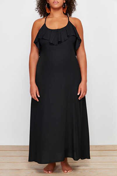 Trendyol Curve Μαύρο φόρεμα παραλίας με γιακά Maxi Flounce Plus Size TBBSS24AH00133