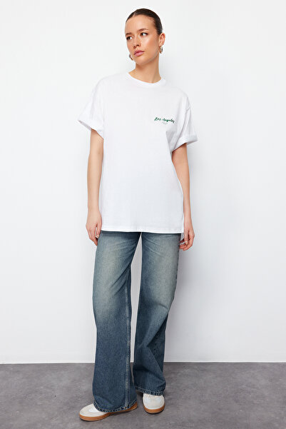 Trendyol Collection White Premium Thick Cotton Front and Back Foil Printed Oversize Cut Knitted T-Shirt Twoss24Ts00099