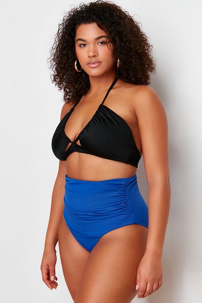 Trendyol Curve Marineblaue Bikini-Unterseite mit hoher Taille und Kordelzug in Übergröße – TBBSS23CR00001