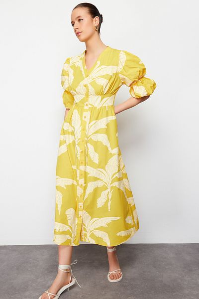 Trendyol Modest Жълта тъкана рокля с флорален принт Tctss24Eb00015