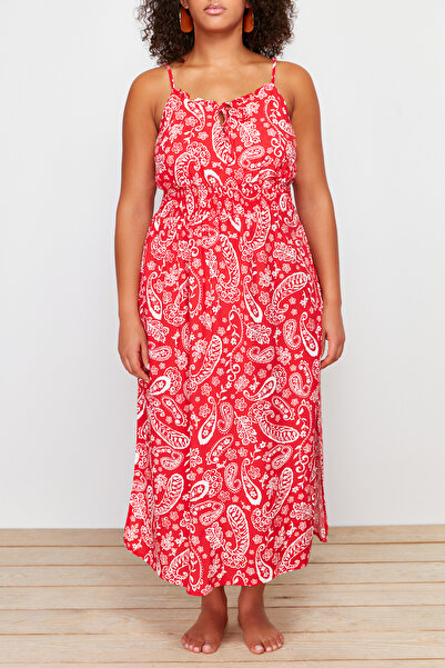 Trendyol Curve Plus Size Beach Dress with Ethnic Pattern and Colorful Straps - Tbbss24Ah00072