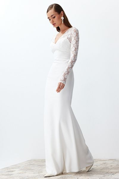 Trendyol Collection Νυφικό βραδινό φόρεμα με λευκή δαντέλα - μακρύ βραδινό φόρεμα TPRSS24AE00030