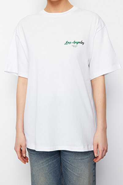 Trendyol Collection White Premium Thick Cotton Front and Back Foil Printed Oversize Cut Knitted T-Shirt Twoss24Ts00099