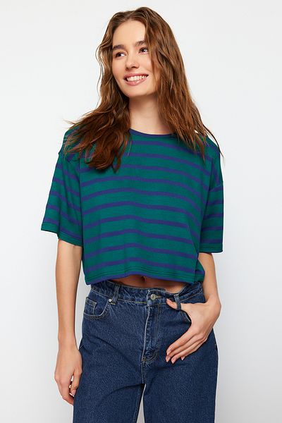 Trendyol Collection Zelené pruhované prémiové oversize široký střih elastické pletené triko TWOSS24TS00117