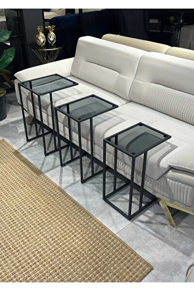 Lamra Dizayn 3' lü C Sehpa Siyah ,Füme Güvenilir Tamperli Camlı ,Çok Amaçlı M...