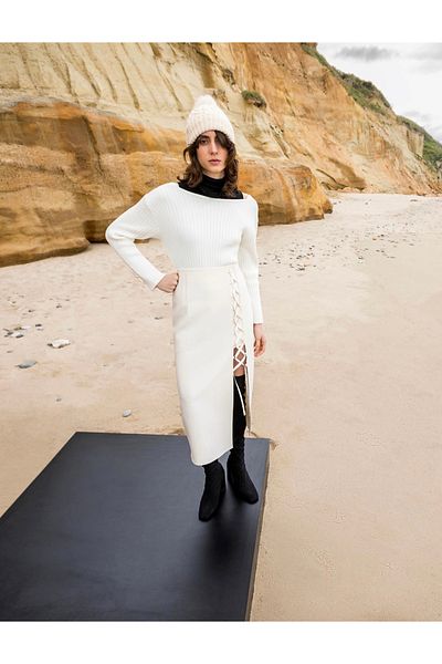 KAMEYA Ecru Midi Skirt with Lacing Detail