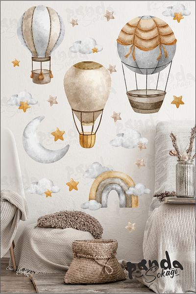 PANDA SOKAĞI Retro Balloons and Rainbow Clouds Set Children's Room Wall Sticker Set