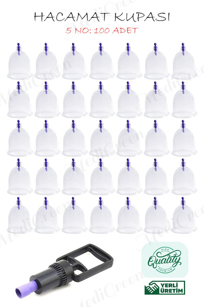 MediGreen 100 Adet 5 Numara HACAMAX PRO Hacamat & Masaj Kupası 1 Adet Pompa H...
