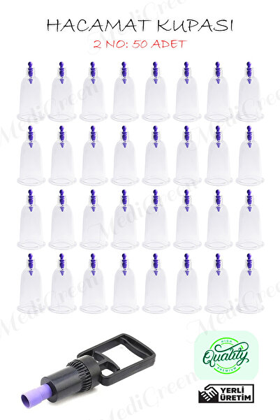 MediGreen 50 Adet 2 Numara HACAMAX PRO Hacamat & Masaj Kupası 1 Adet Pompa He...