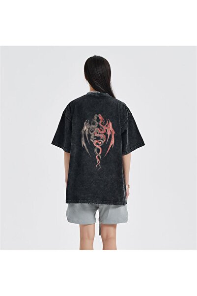 Touz Moda Twin Dragon Back Printed Unisex Vintage T-shirt