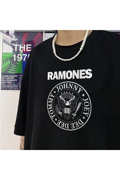 Touz Moda تي شيرت Rock Series Ramones Logo أسود للجنسين مقاس كبير