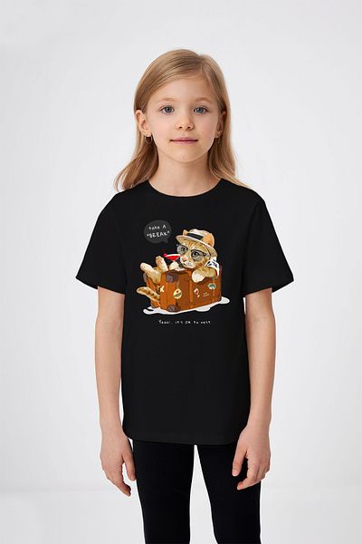 ADABEBEK Tricou pentru fetiță cu imprimeu pisică și valiza cu inscripții Take a Break