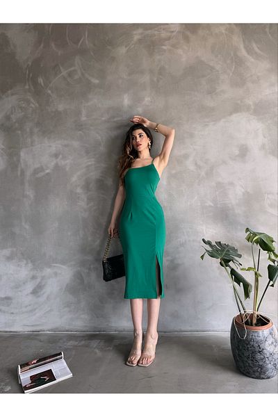 Fav Style Γυναικείο Μίντι Φόρεμα με σχοινί με σχισμή πράσινο