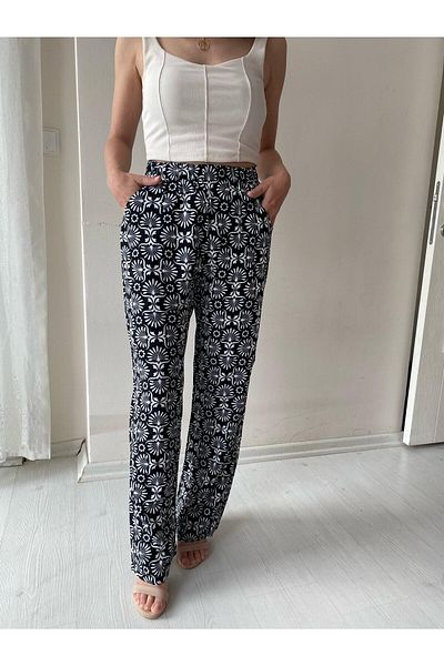 Fendimod Women's Patterned Wide Leg High Waist Trousers