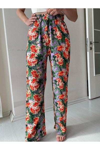 Fendimod Women's Patterned Wide Leg High Waist Trousers