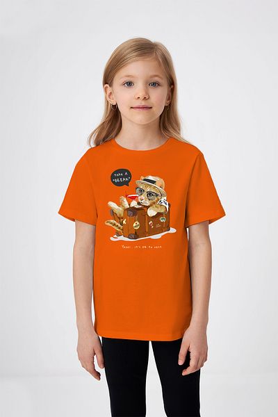 ADABEBEK Girl's Cat Printed T-Shirt with Take a Break Lettering Suitcase