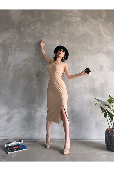 Fav Style Γυναικείο Μίντι Φόρεμα με Σχοινί με σχισμή Μπεζ