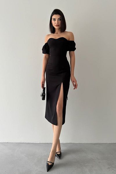 lovebox Dámské šněrovací design na zádech z tkaniny Atlas bez ramínek Detail rozparku u krku Midi černé večerní šaty 227