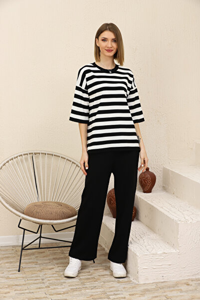 ALCHON Set de tricotaje din două piese cu decolteu rotund cu mânecă scurtă în dungi Bluză subțire cu picior din țeavă Pantaloni drepți