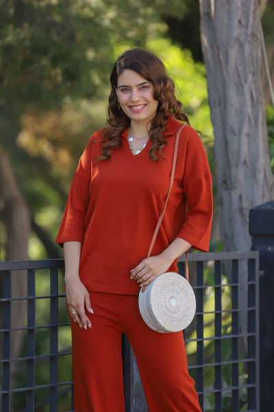 ALCHON V Polo Neck Short Sleeve Basic Blouse Pipe Leg Elastic Waist Trousers Summer Knitwear Double Set