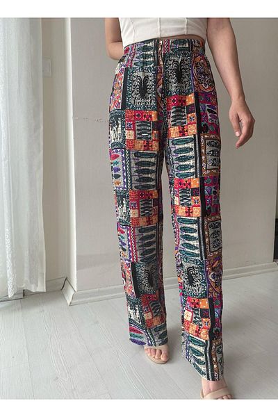 Fendimod Women's Patterned Wide Leg High Waist Trousers