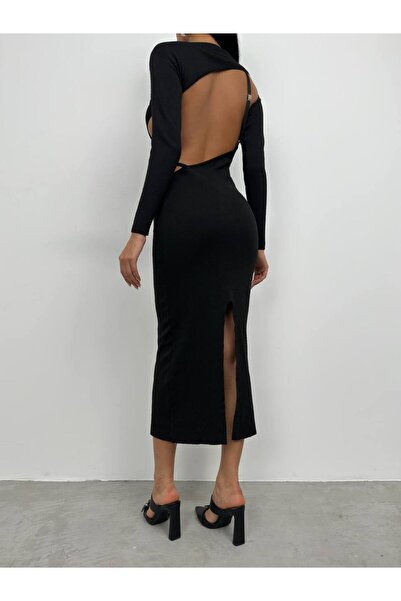 vuvutasarım New Season Crew Neck Back Low-cut Slit Evening Dress