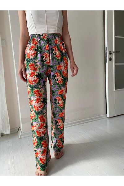 Fendimod Women's Patterned Wide Leg High Waist Trousers