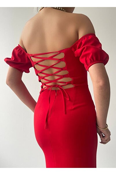 lovebox Rochie de seară roșie midi, rochie de seară pentru femei Atlas, cu șireturi pe spate, fără bretele.