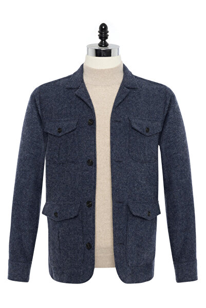 Germirli Kırçıllı Yün Lacivert Albiate Balıksırtı Tailor Fit Utility Ceket Gömlek