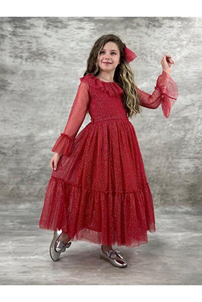 Mashotrend Fırfırlı Tül Simli Kumaş Elbise