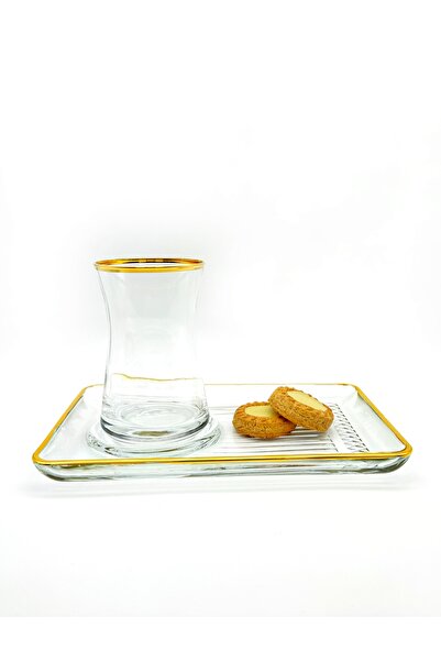 ÖzcamKristal Tek Kişilik Cam Çay Takımı – Altın Yaldızlı Sunum Tabaklı, Sofra...