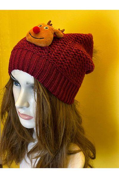 Gönülden Tasarım POMPOM AND DEER AND DOG KNITTED KNITWEAR BEANIE UNISEX BEANIE
