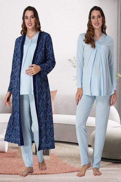 Lohussa Set de pijamale de maternitate, din bumbac, cu modele, cu design albastru pentru femei NUR9058
