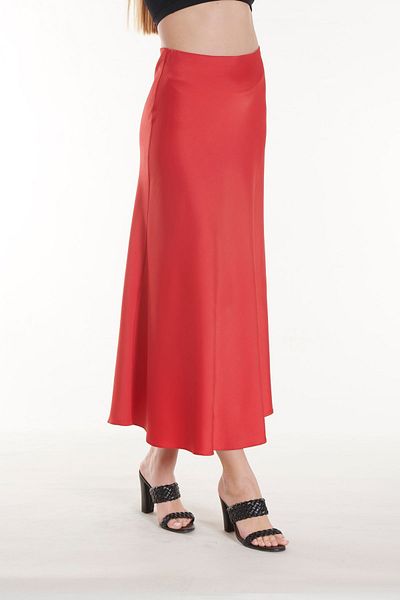 SOLİLDE Red Straight Satin Skirt