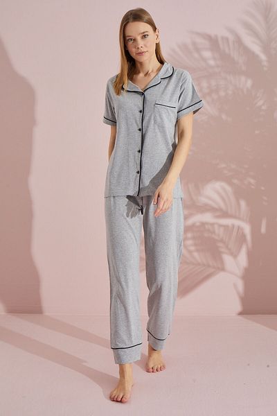 LİLA İÇ GİYİM Buttoned Cotton Short Sleeve Pajamas Set