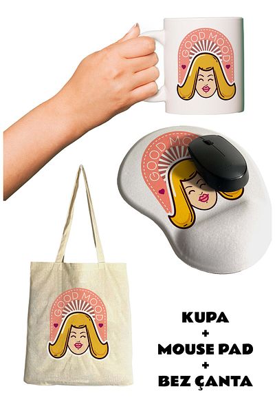 rakkun shop لوحة ماوس مطبوعة بمسند المعصم من Good Mood + كوب كوب + حقيبة قماش