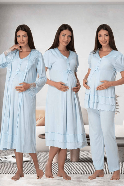 Lohussa Kadın Mavi Bel Ayarlı Dantelli Pamuklu Hamile Lohusa Sabahlık PijamaTakımı Gecelik 4'lü Set
