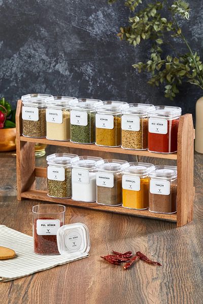 KukiWood Bella 200ml 12 Piece Spice Jar Set with Label