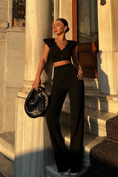 Generic Brand Black Crop Blouse Pants Women's Bottom Top Set